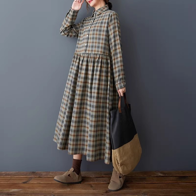 Flannel Shirt Lined - فستان قميص كوري فضفاض بنقشة مربعات